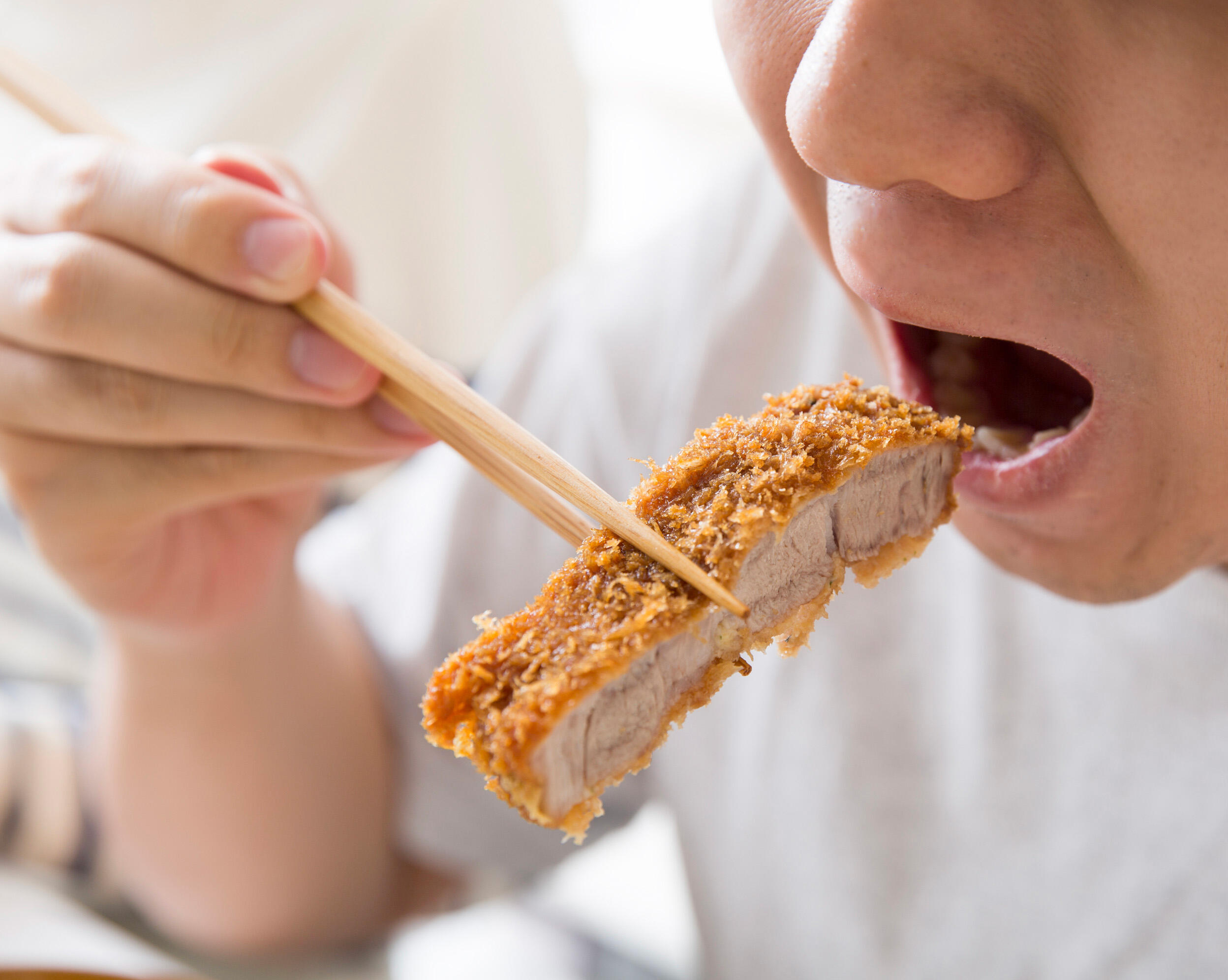 お箸でかつを食べる様子