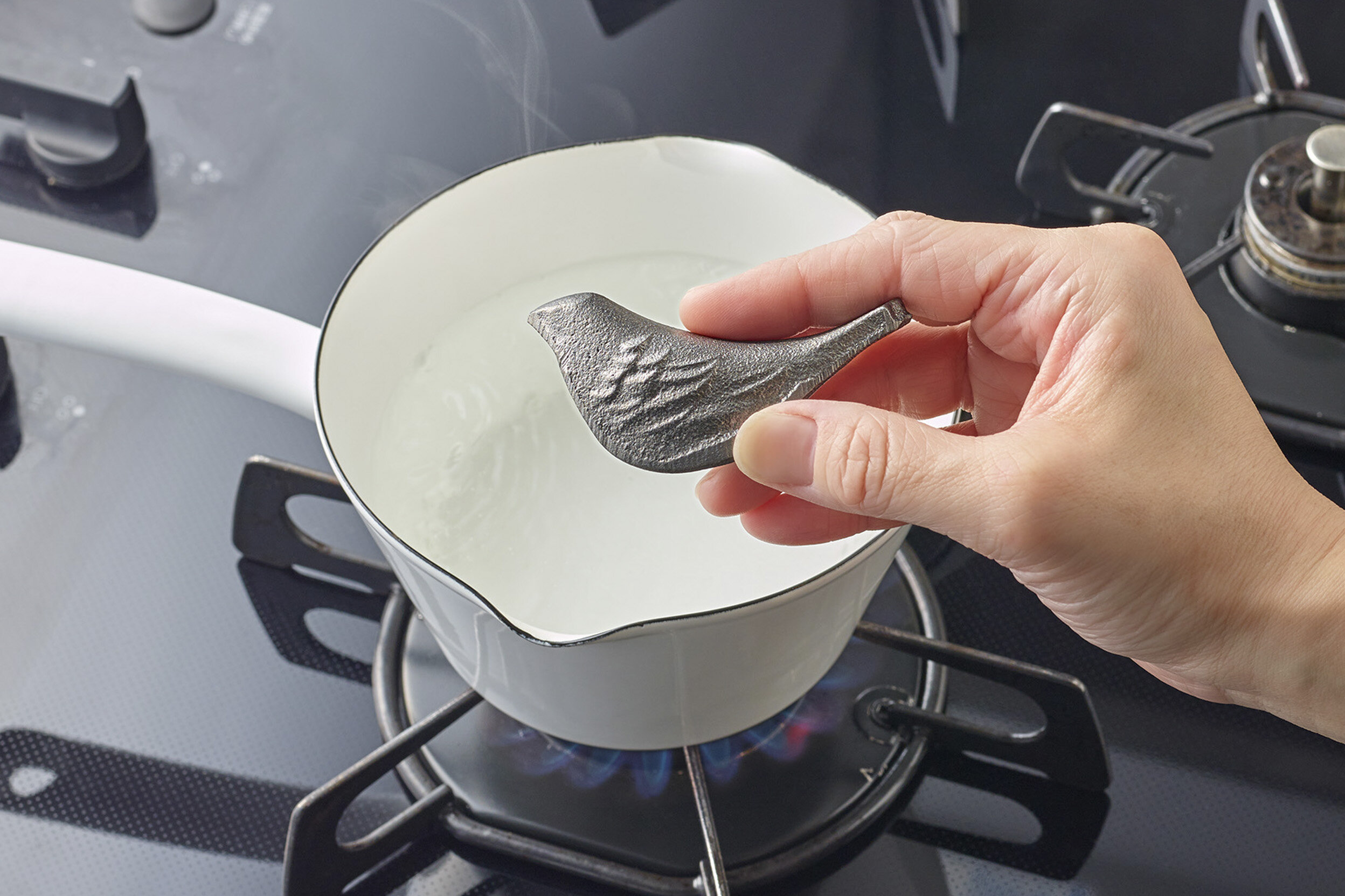 火にかけられた小鍋と鉄のことり